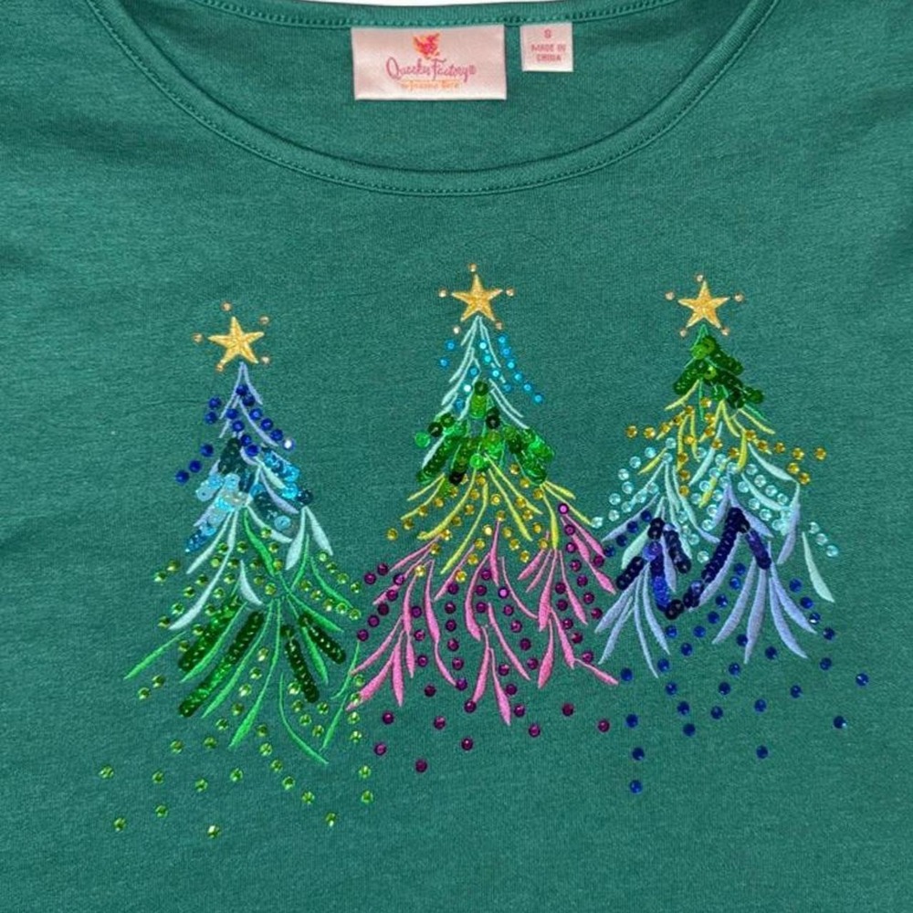 Green Christmas Tree Sequin Embroidered Long Sleeve Top Small